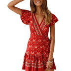 Bohemian V-Neck Print Dress - Summer Short Sleeve