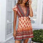 Bohemian V-Neck Print Dress - Summer Short Sleeve
