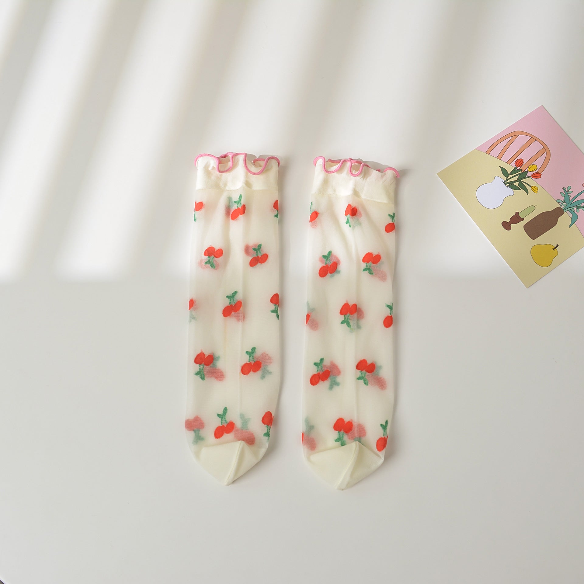 Girl's Strawberry Mid-Calf Socks - Breathable Ruffle Design Pink Edge Cherry Average Size