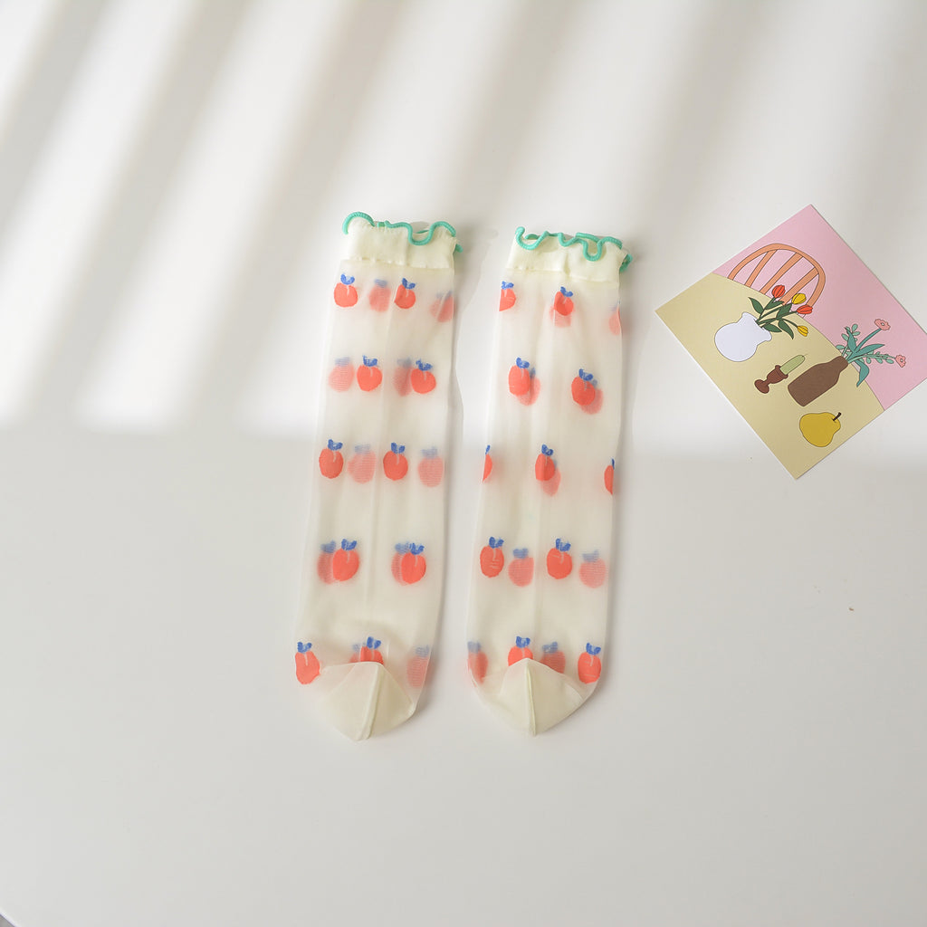 Girl's Strawberry Mid-Calf Socks - Breathable Ruffle Design Green Edge Orange Average Size