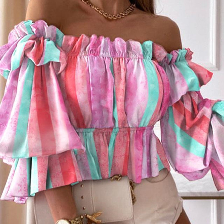Women's Long Sleeve Blouse - Sexy Casual Shirt Rose red stripes