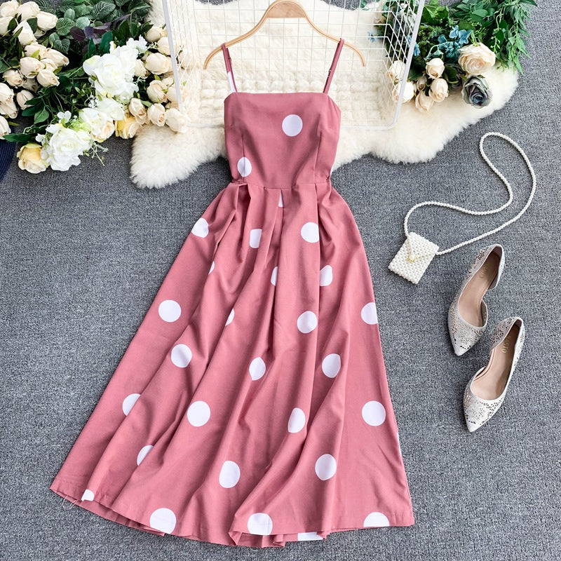 Vintage Polka Summer Dress With Straps Pink One size