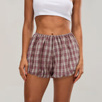 Women's Casual Plaid Shorts Wine Red